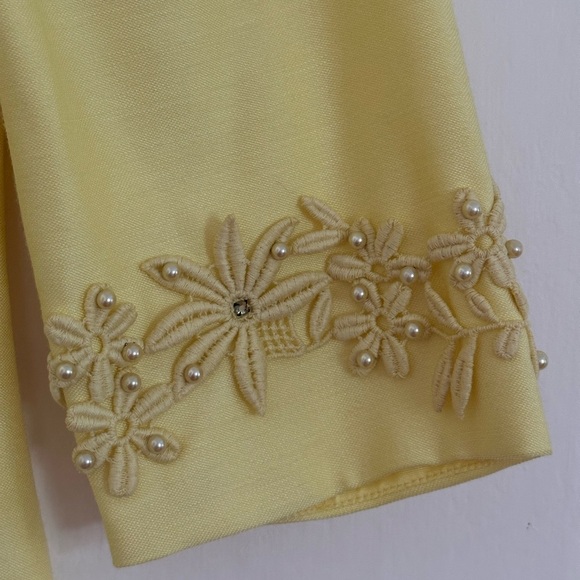 Vintage 60s Sylvia Ann Dress Yellow Sz M Pearl Crochet Daisy Trim Cocktail Party - Picture 15 of 16